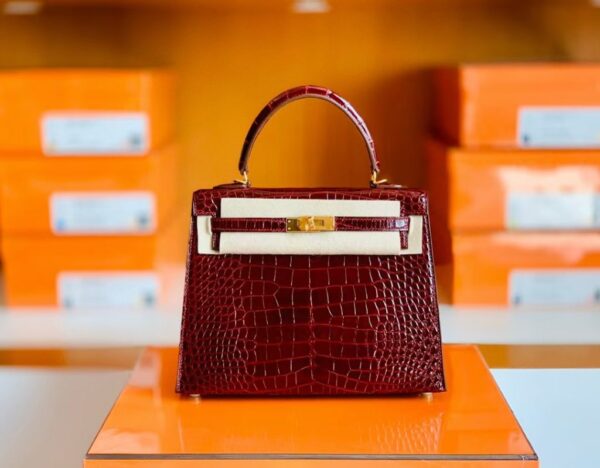 Hermes Kelly Shiny Alligator ck57 Bordeaux red Gold Hardware 25cm Full Handmade