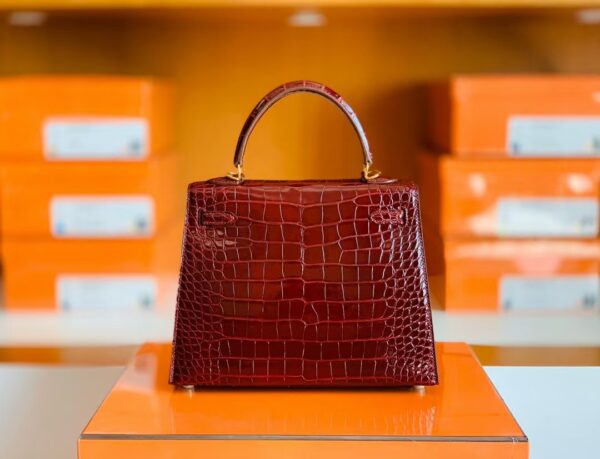 Hermes Kelly Shiny Alligator ck57 Bordeaux red Gold Hardware 25cm Full Handmade