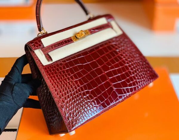 Hermes Kelly Shiny Alligator ck57 Bordeaux red Gold Hardware 25cm Full Handmade