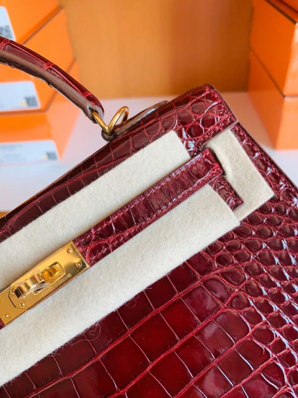 Hermes Kelly Shiny Alligator ck57 Bordeaux red Gold Hardware 25cm Full Handmade