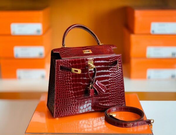 Hermes Kelly Shiny Alligator ck57 Bordeaux red Gold Hardware 25cm Full Handmade