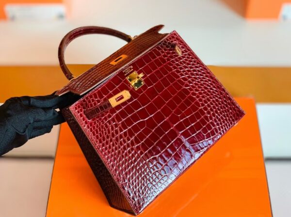 Hermes Kelly Shiny Alligator ck57 Bordeaux red Gold Hardware 25cm Full Handmade