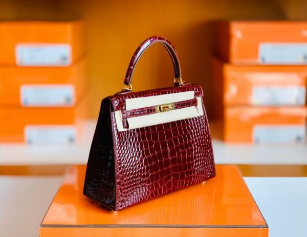 Hermes Kelly Shiny Alligator ck57 Bordeaux red Gold Hardware 25cm Full Handmade