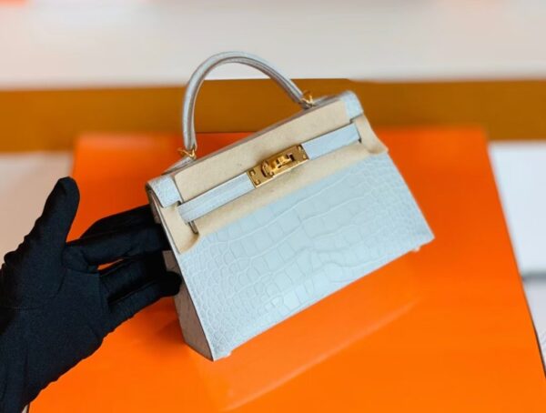 Hermes Mini Kelly Matte Alligator Pearl grey Gold Hardware 19cm Full Handmade