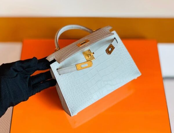 Hermes Mini Kelly Matte Alligator Pearl grey Gold Hardware 19cm Full Handmade