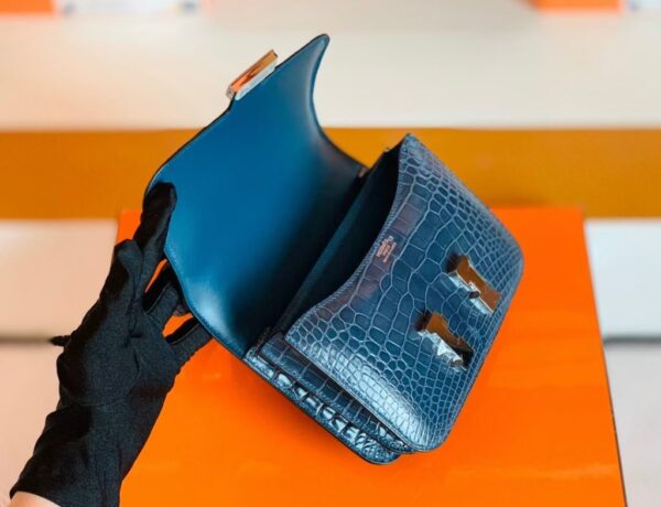 Hermes Constance Shiny Alligator crocodile n7 Dark blue Silver Hardware 18cm Full Handmade