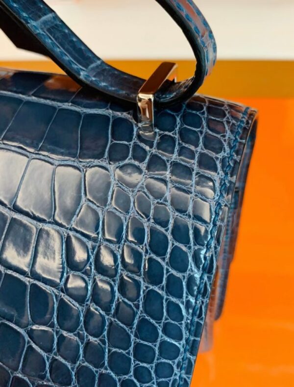 Hermes Constance Shiny Alligator crocodile n7 Dark blue Silver Hardware 18cm Full Handmade