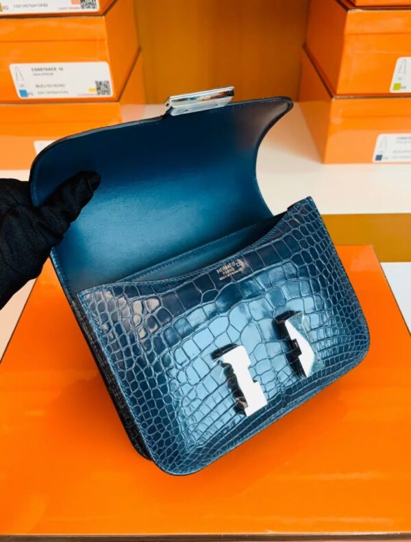 Hermes Constance Shiny Alligator crocodile n7 Dark blue Silver Hardware 18cm Full Handmade