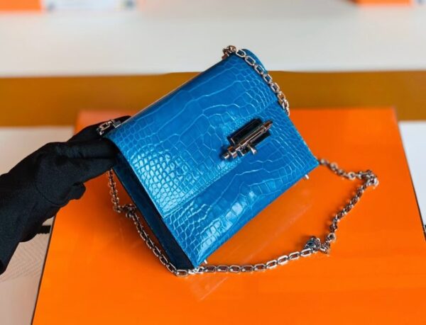 Hermes mini Verrou Shiny Alligator 7Q Sea Blue Silver Hardware 17cm Full Handmade