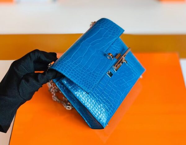 Hermes mini Verrou Shiny Alligator 7Q Sea Blue Silver Hardware 17cm Full Handmade
