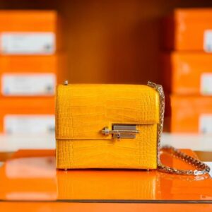 Hermes mini Verrou Shiny Alligator 9D Amber yellow Silver Hardware 17cm Full Handmade