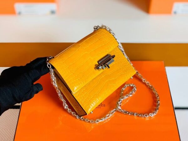 Hermes mini Verrou Shiny Alligator 9D Amber yellow Silver Hardware 17cm Full Handmade