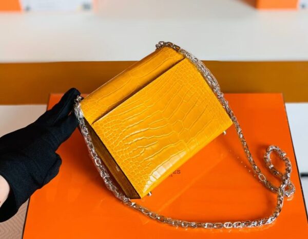 Hermes mini Verrou Shiny Alligator 9D Amber yellow Silver Hardware 17cm Full Handmade
