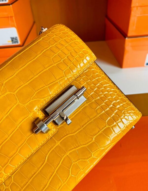 Hermes mini Verrou Shiny Alligator 9D Amber yellow Silver Hardware 17cm Full Handmade
