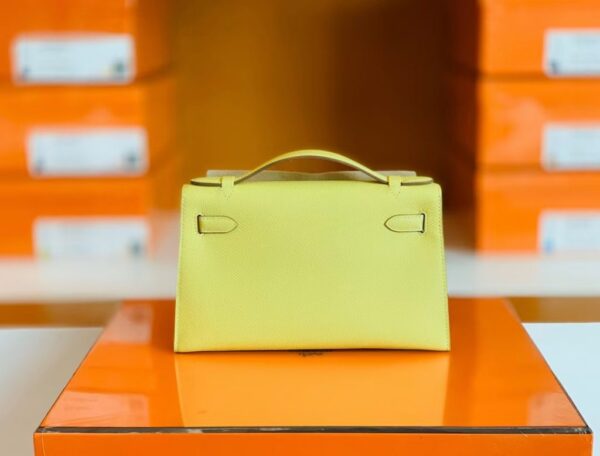 Hermes Kelly Pochette Epsom 9R Lemon Yellow Silver Hardware 22cm Full Handmade