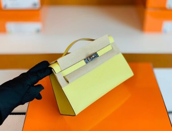 Hermes Kelly Pochette Epsom 9R Lemon Yellow Silver Hardware 22cm Full Handmade