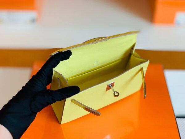 Hermes Kelly Pochette Epsom 9R Lemon Yellow Silver Hardware 22cm Full Handmade