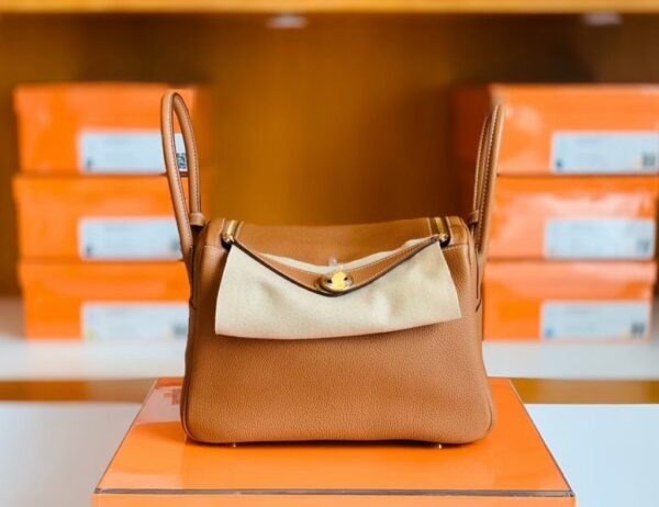 Hermes Lindy TC Leather CK37 Golden Brown Gold Hardware 30cm Full Handmade