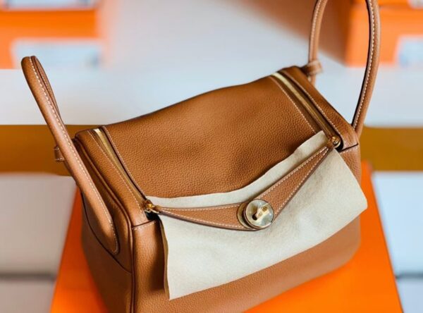Hermes Lindy TC Leather CK37 Golden Brown Gold Hardware 30cm Full Handmade