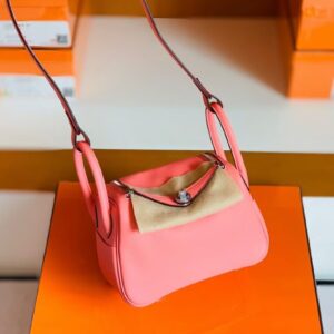 Hermes mini Lindy TC Leather 8w lipstick pink Silver Hardware 19cm Full Handmade