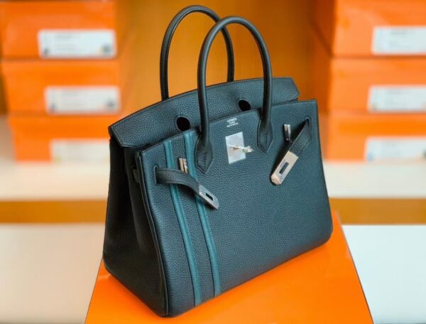 Hermes Birkin Togo Black & Green Color bar Silver Hardware 30cm Full Handmade