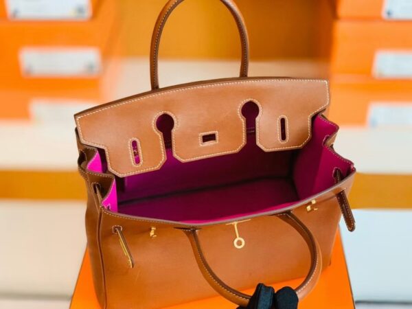 Hermes Birkin Barenia CK37 Golden brown & L3 Rose purple Gold Hardware 30cm Full Handmade