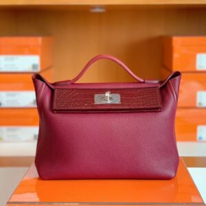 Hermes Kelly 2424 Matte crocodile & Togo Bordeaux red Silver Hardware 29cm Full Handmade