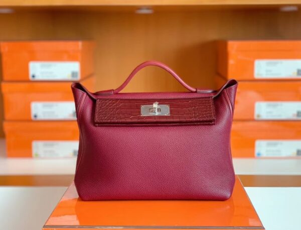 Hermes Kelly 2424 Matte crocodile & Togo Bordeaux red Silver Hardware 29cm Full Handmade