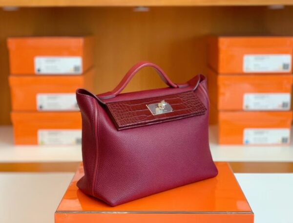 Hermes Kelly 2424 Matte crocodile & Togo Bordeaux red Silver Hardware 29cm Full Handmade
