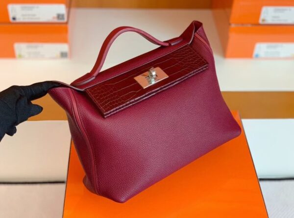 Hermes Kelly 2424 Matte crocodile & Togo Bordeaux red Silver Hardware 29cm Full Handmade