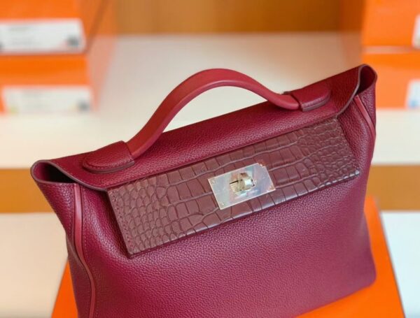 Hermes Kelly 2424 Matte crocodile & Togo Bordeaux red Silver Hardware 29cm Full Handmade
