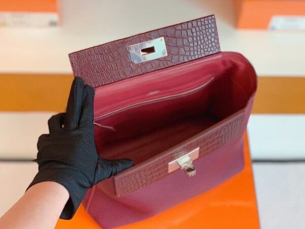 Hermes Kelly 2424 Matte crocodile & Togo Bordeaux red Silver Hardware 29cm Full Handmade