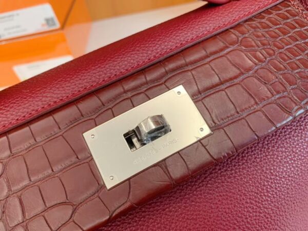 Hermes Kelly 2424 Matte crocodile & Togo Bordeaux red Silver Hardware 29cm Full Handmade