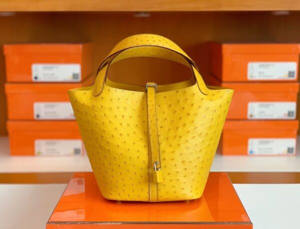 Hermes Picotin Lock Ostrich Lemon yellow Silver Hardware 22cm Full Handmade
