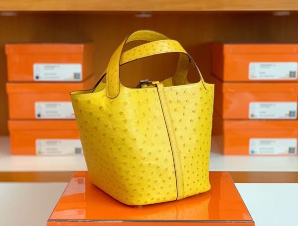 Hermes Picotin Lock Ostrich Lemon yellow Silver Hardware 22cm Full Handmade