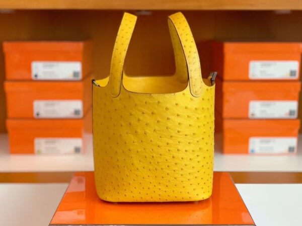 Hermes Picotin Lock Ostrich Lemon yellow Silver Hardware 22cm Full Handmade
