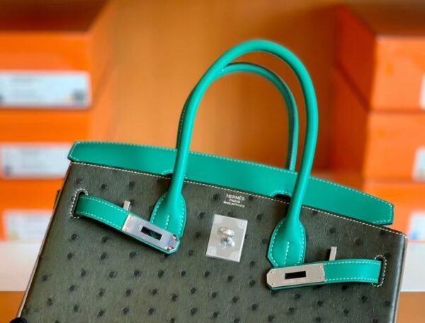 Hermes Birkin Ostrich Olive green & 1K Bamboo green & Etoupe Grey Silver Hardware 30cm Full Handmade