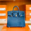 Hermes Birkin Shiny Alligator Crocodile 1P Noble blue Silver Hardware 25cm Full Handmade