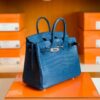 Hermes Birkin Shiny Alligator Crocodile 1P Noble blue Silver Hardware 25cm Full Handmade