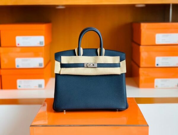 Hermes Birkin Togo bi-color Deep Blue & Orange Silver Hardware 25cm Full Handmade