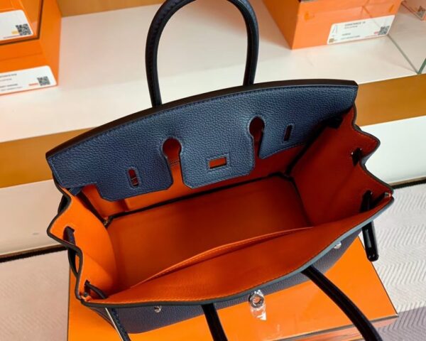 Hermes Birkin Togo bi-color Deep Blue & Orange Silver Hardware 25cm Full Handmade