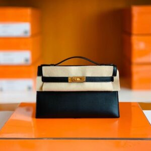 Hermes mini Kelly Pochette Swift Black Gold Hardware 22cm Full Handmade