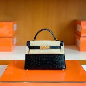 Hermes Mini Kelly Sellier Matte Alligator crocodile Black Gold Hardware 19cm Full Handmade