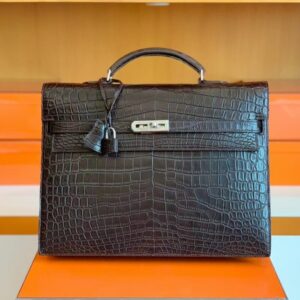 Hermes Kelly depeche Matte Alligator crocodile Coffee Silver Hardware 34cm Full Handmade