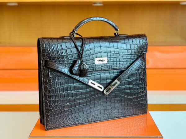 Hermes Kelly depeche Matte Alligator crocodile Coffee Silver Hardware 34cm Full Handmade