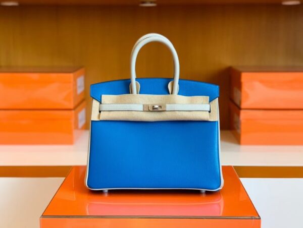mmexport16762835803841-1024x772-2 Hermes Birkin Chevre Pearl grey & Glaze blue Silver Hardware 25cm Full Handmade