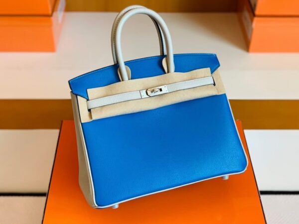 mmexport1676283583317-1024x768-1 Hermes Birkin Chevre Pearl grey & Glaze blue Silver Hardware 25cm Full Handmade