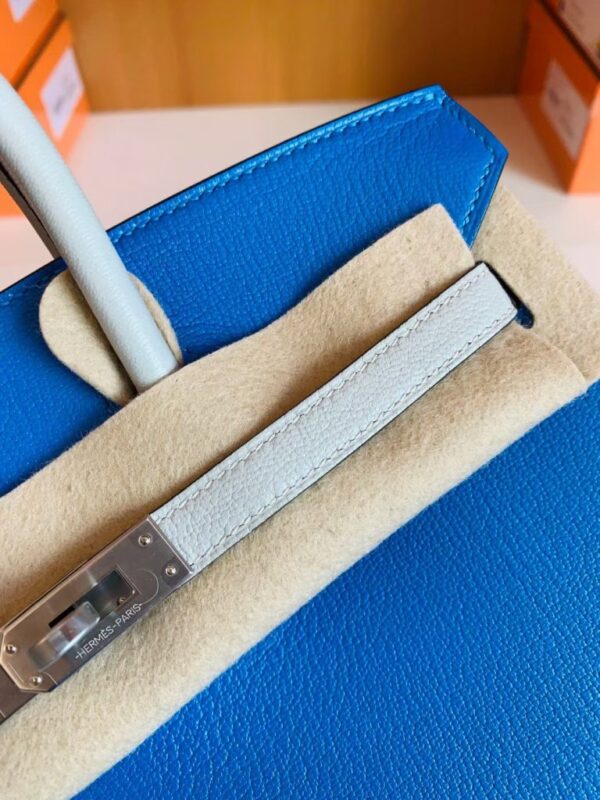 mmexport1676283584759-768x1024-1 Hermes Birkin Chevre Pearl grey & Glaze blue Silver Hardware 25cm Full Handmade