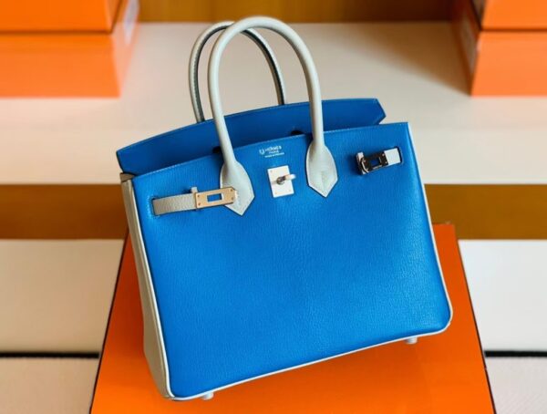 mmexport1676283587716-1024x774-1 Hermes Birkin Chevre Pearl grey & Glaze blue Silver Hardware 25cm Full Handmade