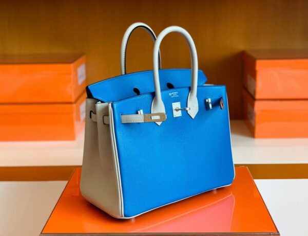 mmexport1676283589316-1024x783-1 Hermes Birkin Chevre Pearl grey & Glaze blue Silver Hardware 25cm Full Handmade